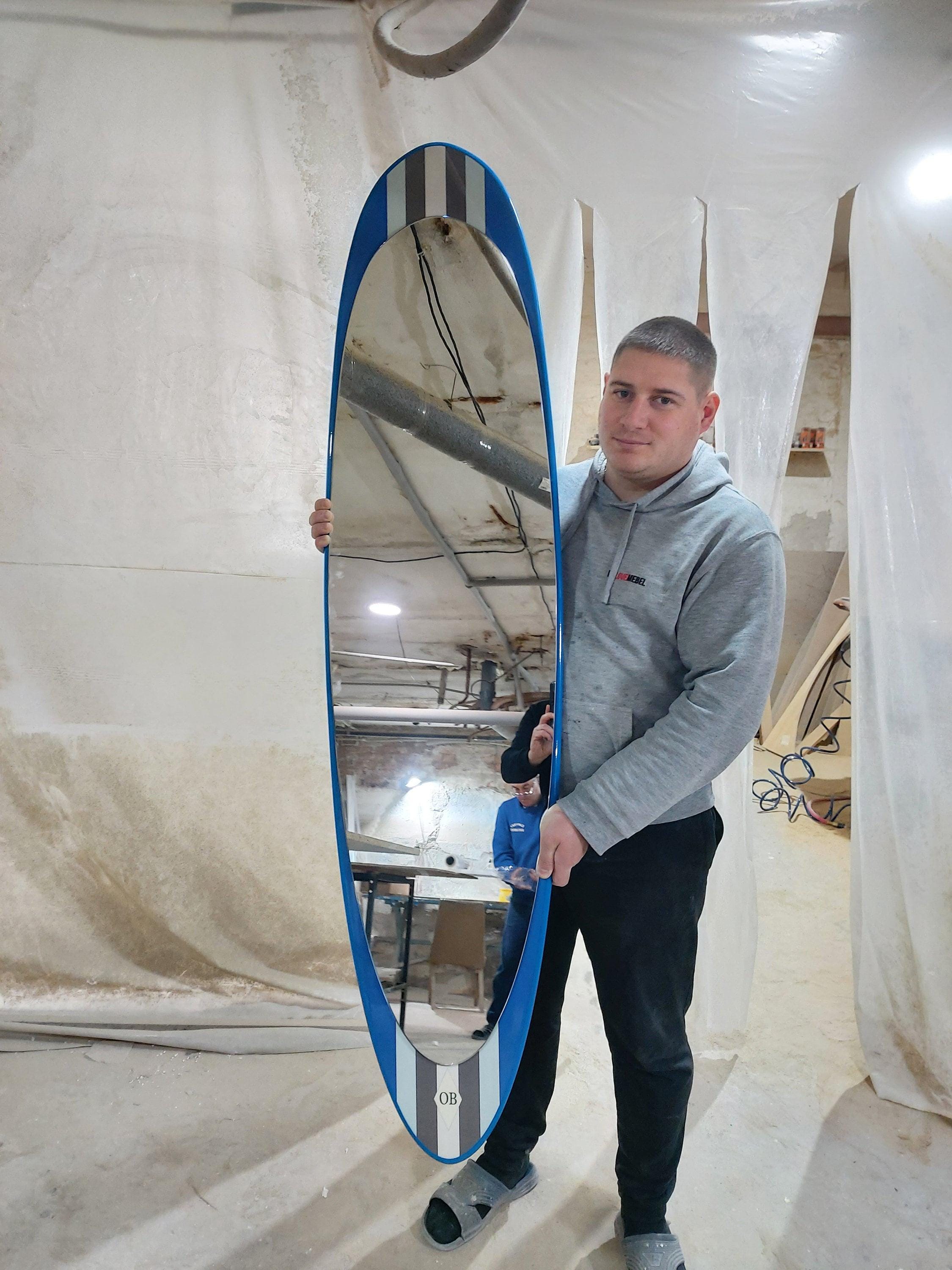 Large wooden surfboard wall mirror