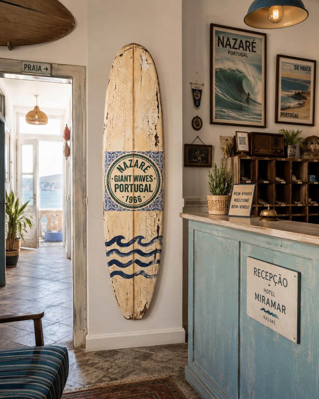 英国 Watersmeet Studios ヴィンテージウォールプレート Vintage Surf Decor – Nazaré Big Wave Board, Portugal Coastal Wall