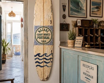 Vintage Surf Decor – Nazaré Big Wave Board, Portugal Coastal Wall Art – WSH Series