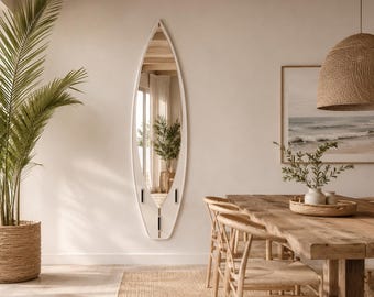 Surfboard Mirror – Coastal Wall Decor for Beach House Interior, Minimalist Surf Style