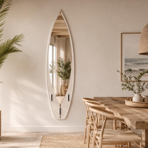 Surfboard Mirror – Coastal Wall Decor for Beach House Interior, Minimalist Surf Style