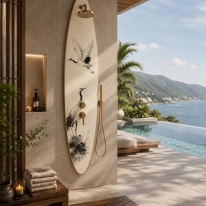 Japanese Crane Shower Panel – Zen Outdoor Shower | Japandi Spa Wall Decor