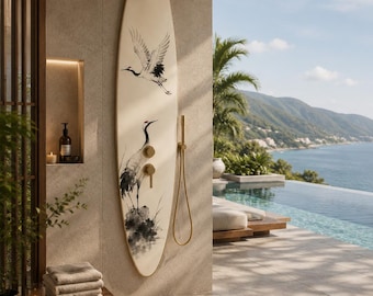 Japanese Crane Shower Panel – Zen Outdoor Shower | Japandi Spa Wall Decor