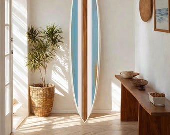 Vintage Surfboard Wall Decor – Coastal Blue Stripe Wooden Art Accent