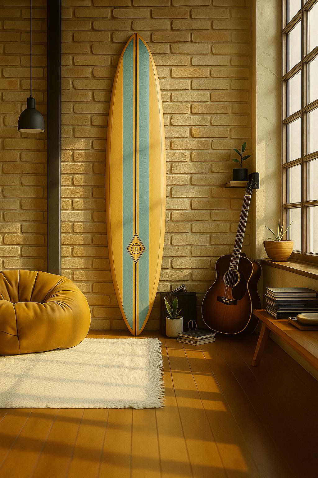 Vintage Surfboard Wall Decor – Retro Blue & Yellow Surfboard