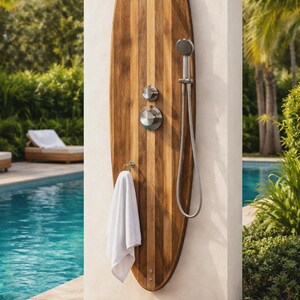 Surfboard Shower Panel, Natural Wood Coastal Bathroom Art, Outdoor Pool Decor image 6