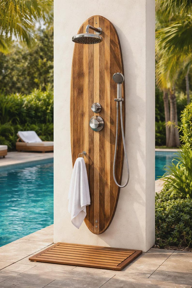Surfboard Shower Panel, Natural Wood Coastal Bathroom Art, Outdoor Pool Decor image 6