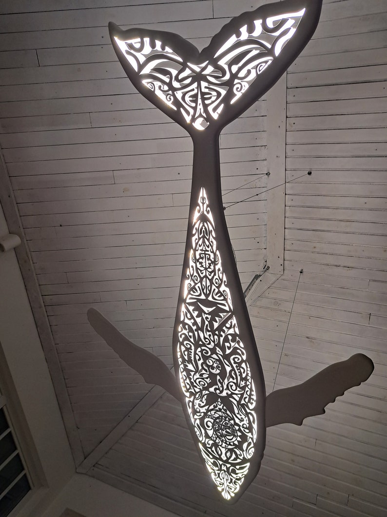 Handcrafted unique Whale ceiling chandelier: led wall lamp for beach coastal or nautical home room decor in Maori surf style image 4