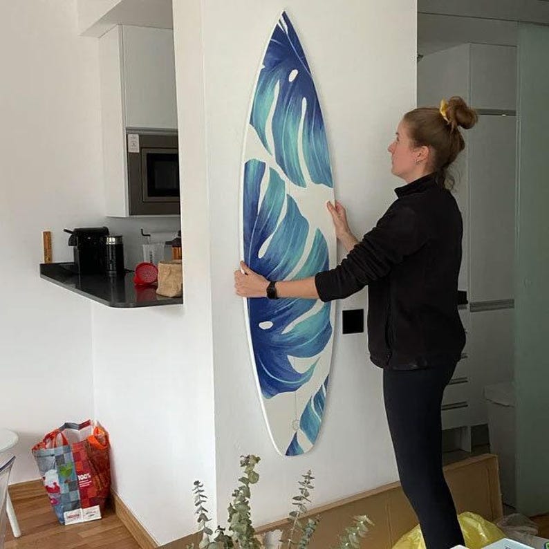 Muurkunst surfplank Monstera Leaf – Handgemaakt tropisch surfplankdecor voor Coastal Home afbeelding 2
