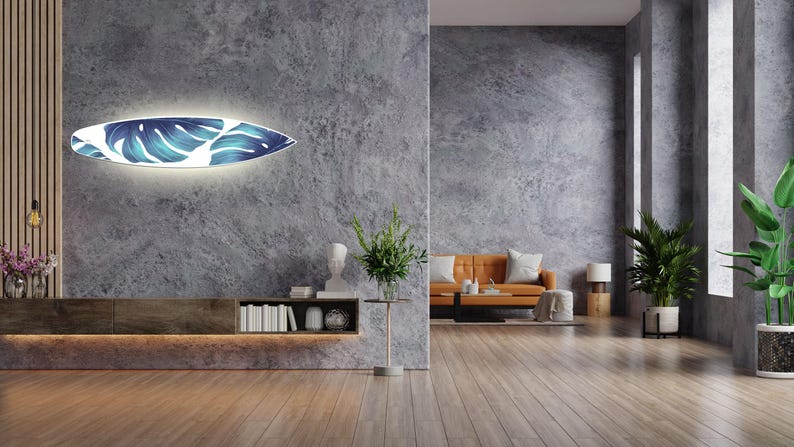 Surfboard-shape Wall Led Light With Green Monstera - Etsy