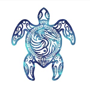 May include: A blue and white turtle design with a pelican in the center. The turtle is a stylized illustration with intricate patterns and a watercolor effect. The design is suitable for wall art, stickers, or apparel.