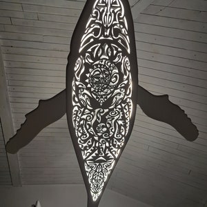 Handcrafted unique Whale ceiling chandelier: led wall lamp for beach coastal or nautical home room decor in Maori surf style image 7