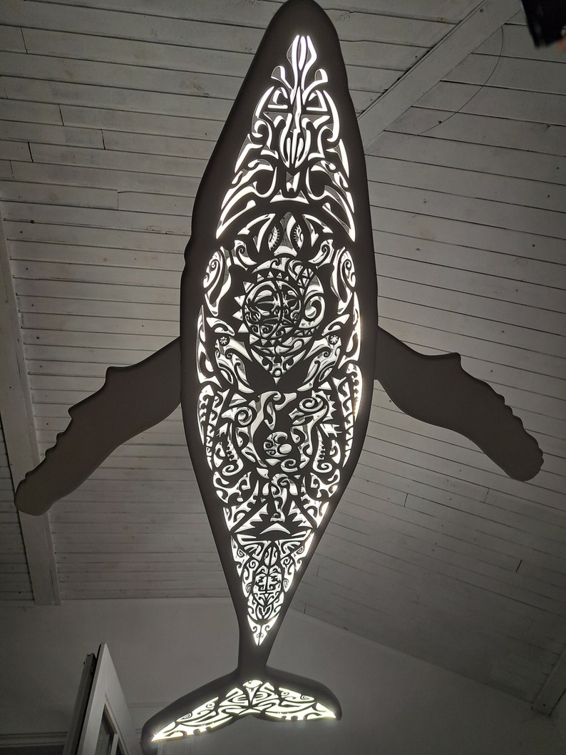 Handcrafted unique Whale ceiling chandelier: led wall lamp for beach coastal or nautical home room decor in Maori surf style image 7
