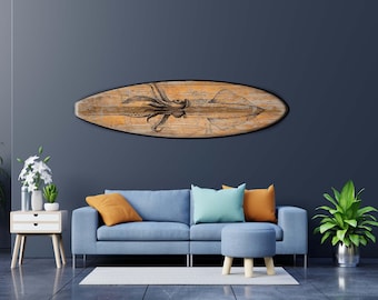 May include: Wooden surfboard wall art featuring a detailed illustration of a squid. The surfboard has a natural wood grain finish with a black border. A decorative piece for coastal or nautical themed decor.