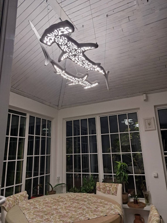 Handmade wood ceiling chandelier with 2 hammerhead sharks: LED wall light for beach coastal or nautical Maori surfing style room decor