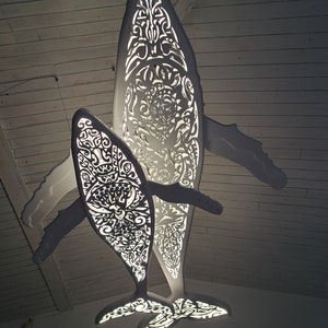 Handcrafted unique Whale with baby whale ceiling chandelier:led wall lamps for beach coastal or nautical home room decor in Maori surf style