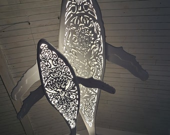 Handcrafted unique Whale with baby whale ceiling chandelier:led wall lamps for beach coastal or nautical home room decor in Maori surf style