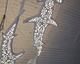 Handmade wood ceiling chandelier with 2 hammerhead sharks: LED wall light for beach coastal or nautical Maori surfing style room decor