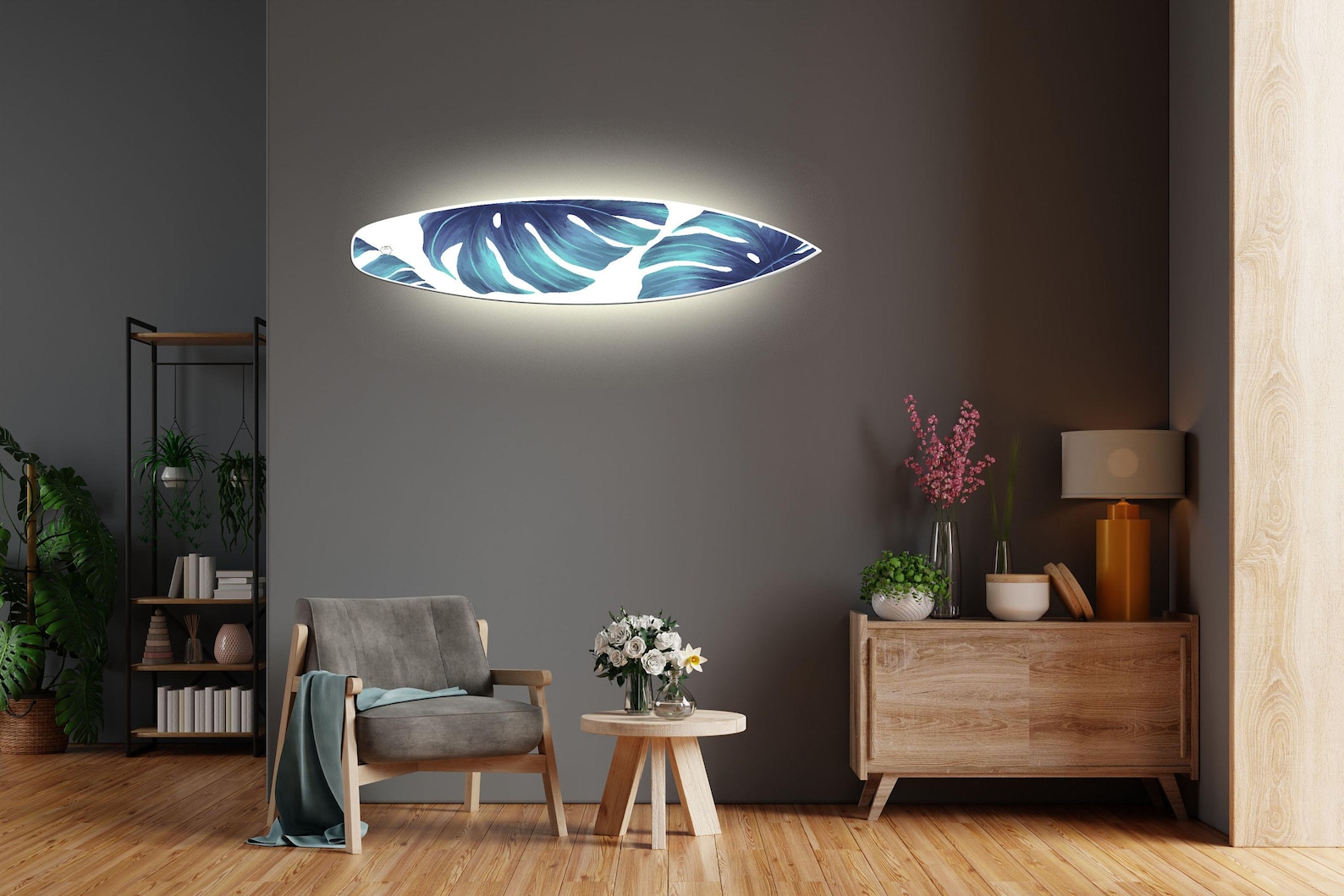 Surfboard-shape Wall Led Light With Green Monstera - Etsy