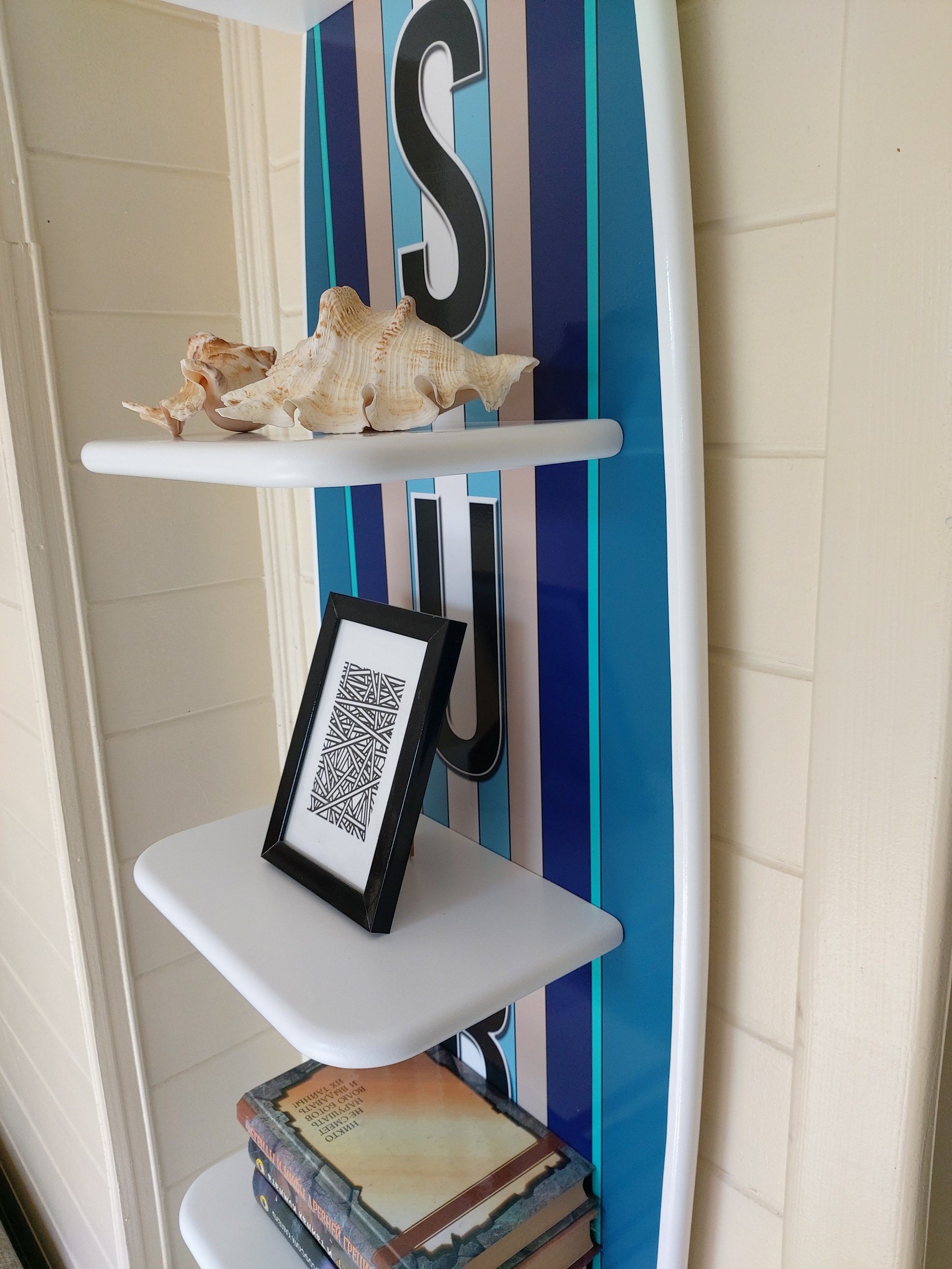 Surfboard Wall Shelf: Wood Surfing Art Decor, 5-tier Bookshelf (54 Inch