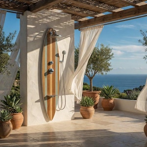 May include: An outdoor shower panel shaped like a surfboard with vertical wood-grain stripes in shades of brown, tan, and light blue. The panel features a chrome shower head, a handheld sprayer, two circular control knobs, and a small metal shelf.