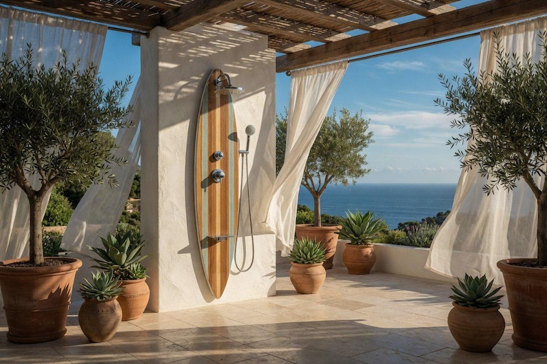 May include: An outdoor shower panel shaped like a surfboard with vertical wood-grain stripes in shades of brown, tan, and light blue. The panel features a chrome shower head, a handheld sprayer, two circular control knobs, and a small metal shelf.