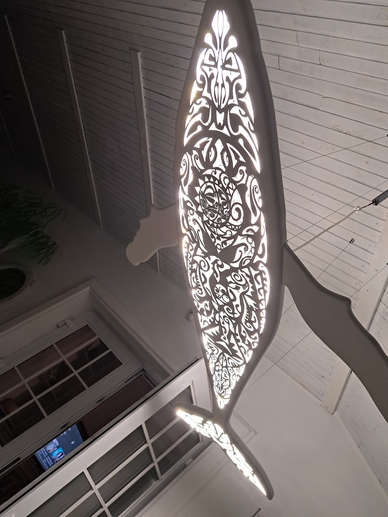 Handcrafted unique Whale ceiling chandelier: led wall lamp for beach coastal or nautical home room decor in Maori surf style image 2