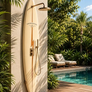 May include: An outdoor shower system mounted on a cream-coloured surfboard with a wood-toned lightning bolt graphic. The surfboard features the text Huntington Beach and includes a brass shower head, a handheld sprayer, and two control knobs.