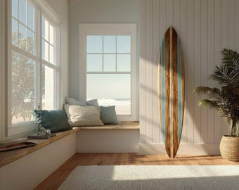Vintage Surfboard Wall Decor – Wooden Surfboard with Blue Stripes – Coastal Nautical Home Accent