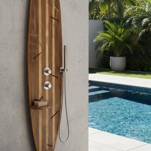 Surfboard Shower Panel, Natural Wood Coastal Bathroom Art, Outdoor Pool Decor image 5