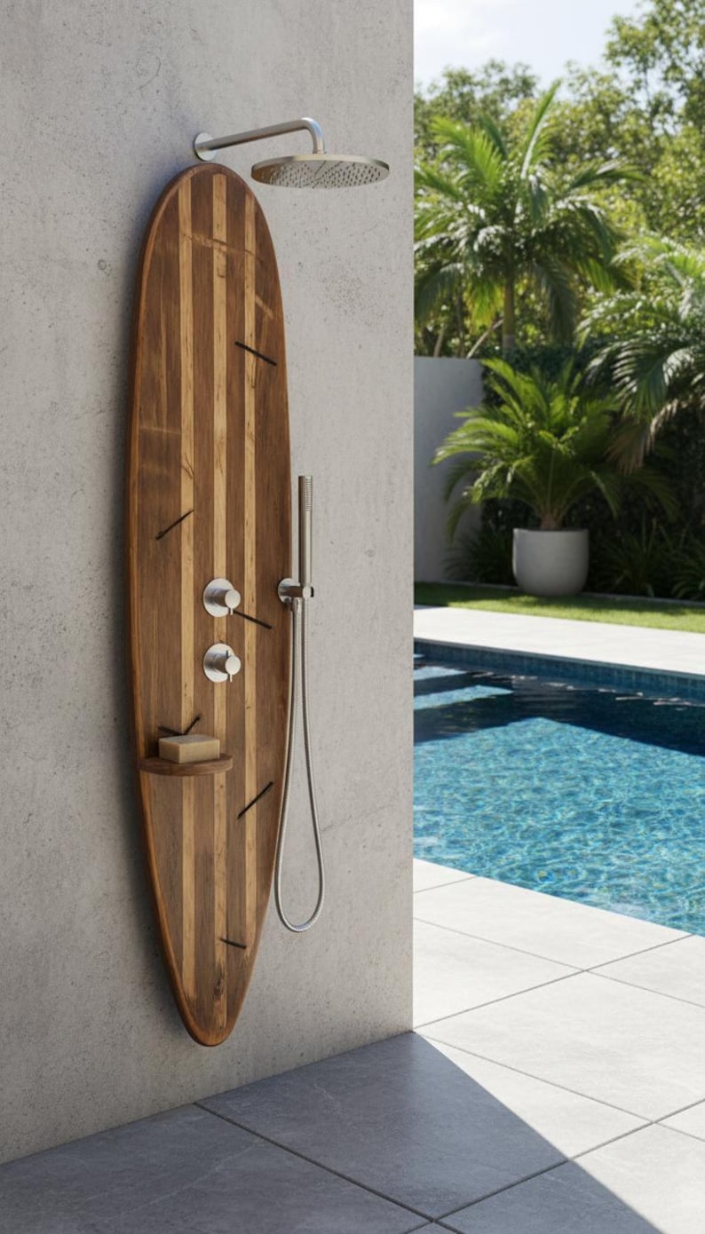 Surfboard Shower Panel, Natural Wood Coastal Bathroom Art, Outdoor Pool Decor image 5