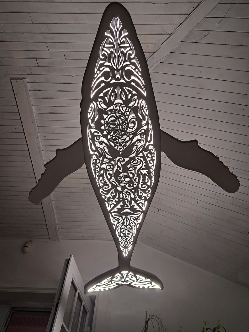 Handcrafted unique Whale ceiling chandelier: led wall lamp for beach coastal or nautical home room decor in Maori surf style image 1