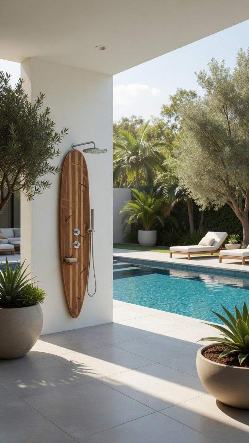 May include: An outdoor shower system mounted on a vertical wooden surfboard panel. The unit features a circular overhead shower head, a handheld shower wand, two round control knobs, and a small integrated shelf, all finished in polished chrome.