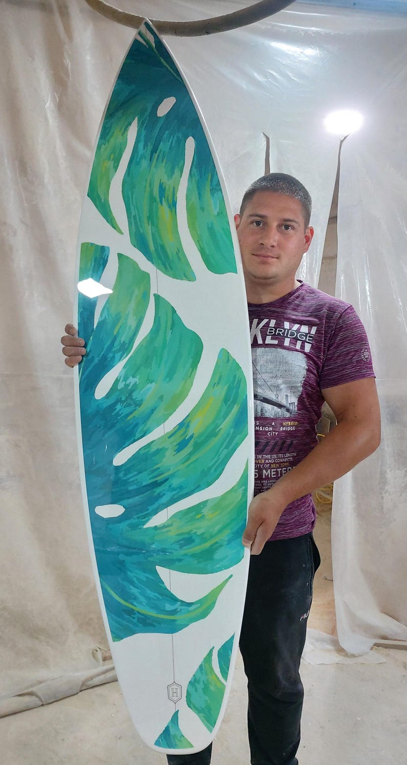 Muurkunst surfplank Monstera Leaf – Handgemaakt tropisch surfplankdecor voor Coastal Home afbeelding 9