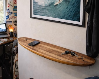 Wooden Surfboard Shelf – Coastal Interior, Beach House Wall Decor, Surf Style
