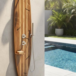 Surfboard Shower Panel, Natural Wood Coastal Bathroom Art, Outdoor Pool Decor image 1