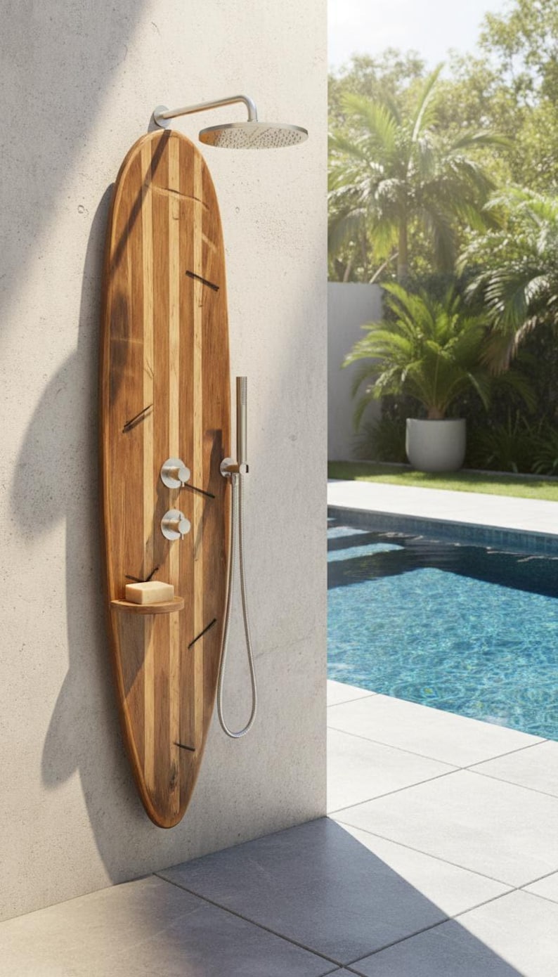 Surfboard Shower Panel, Natural Wood Coastal Bathroom Art, Outdoor Pool Decor image 1