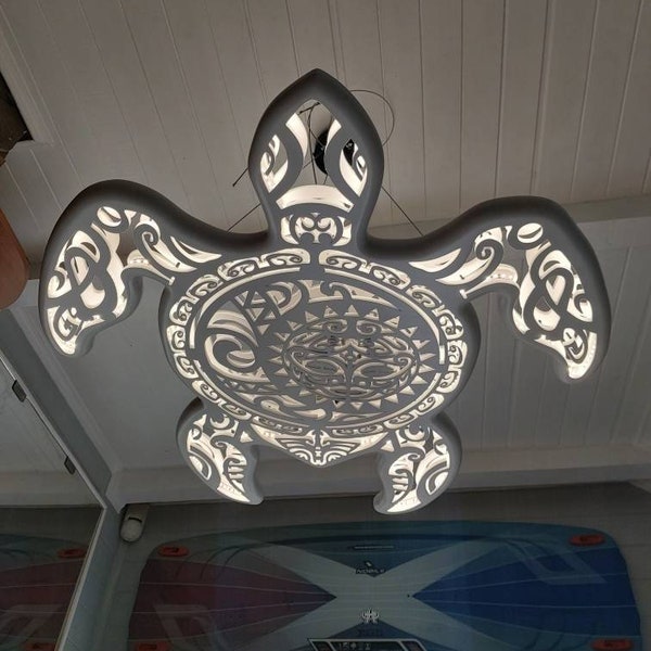 Handcrafted unique turtle ceiling chandelier, decor in Maori surf style