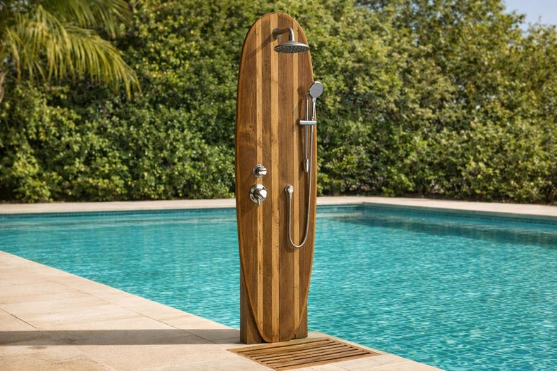 Surfboard Shower Panel, Natural Wood Coastal Bathroom Art, Outdoor Pool Decor image 4