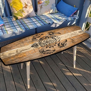 Surfboard Table, Turtle, Bar Decor, Beach Decor, Surfing Art Decor