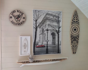 Surfboard Floating Shelf: White Wood with Black Graphic Print (38 inch)