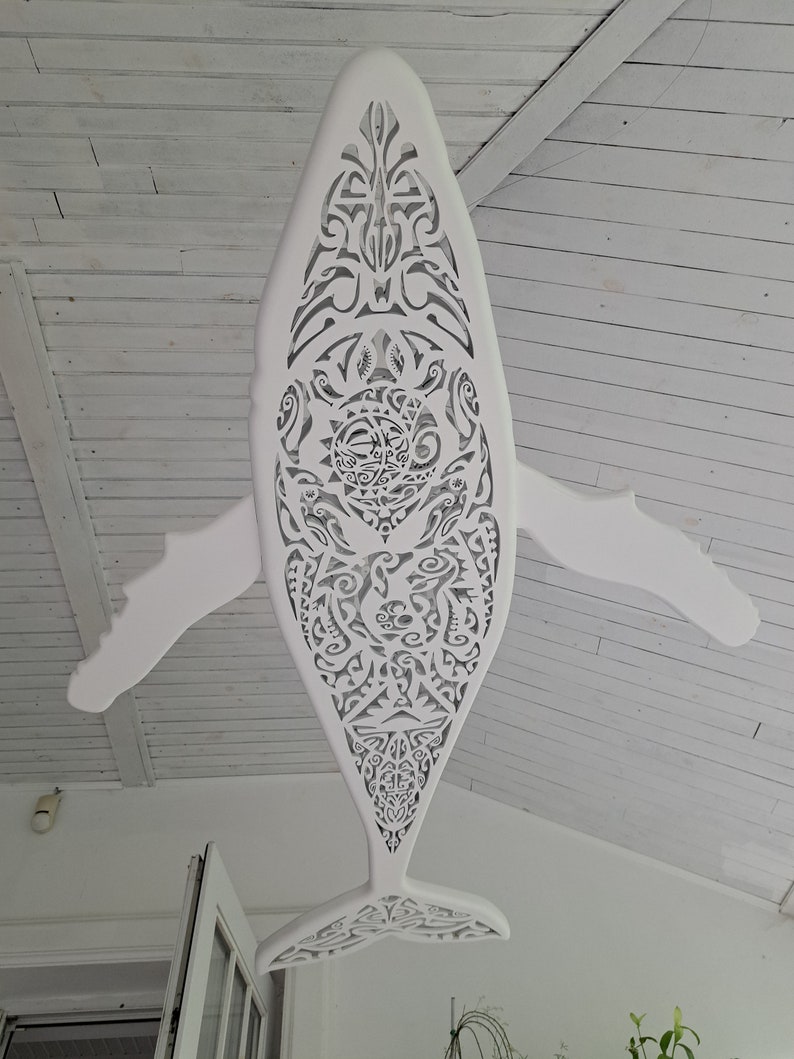 Handcrafted unique Whale ceiling chandelier: led wall lamp for beach coastal or nautical home room decor in Maori surf style image 3