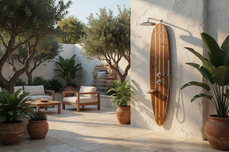 May include: An outdoor shower system mounted on a vertical wooden surfboard-shaped panel. The unit features a stainless steel overhead shower head, two circular control knobs, a handheld shower wand, and a small shelf attached to the wood surface.