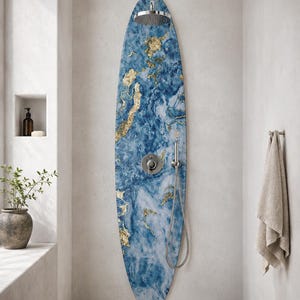 Handmade Surfboard Shower Panel – Golden Ocean Marble Design