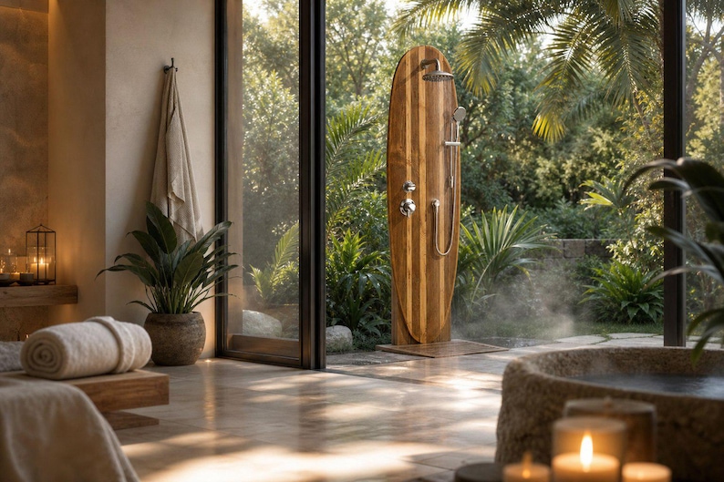 May include: An outdoor shower unit featuring a tall, surfboard-shaped wooden panel with a chrome rainfall showerhead, a handheld shower attachment, and circular metal control knobs, positioned on a stone floor near a large glass door.