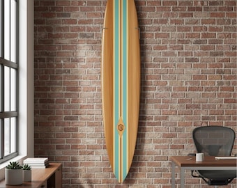 Vintage Longboard Wall Decor – Retro Surfboard Art, Teal Stripes, Coastal Accent