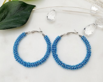 Beaded Hoop Earrings, Seed Bead Earrings - Wrapped Hoops (BLUE)