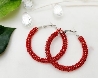 Beaded Hoop Earrings, Seed Bead Earrings - Wrapped Hoops (RED)