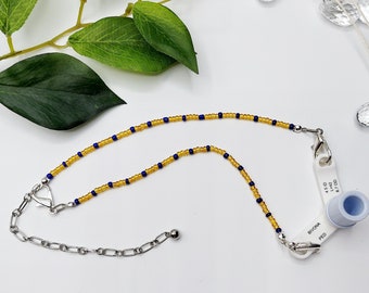 Beaded Trach Ties, Adjustable, Trach Chain, Trach Collar Tube Holder  (Gold with Blue Bead Accents)