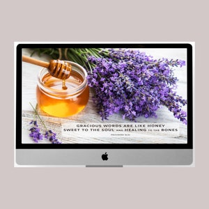 May include: A jar of honey with a wooden honey dipper, lavender flowers, and a quote from Proverbs 16:24: "Gracious words are like honey, sweet to the soul and healing to the bones."
